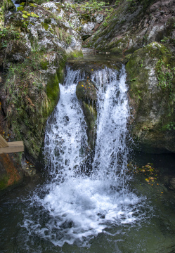 Eine Quelle und ein kleiner Wasserfall auf den Felsen
