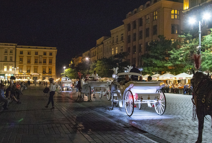 Pferde und Kutschen auf dem Markt in Krakau