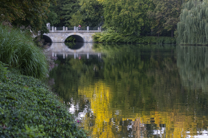 Łazienki Królewskie in Warschau, eine Brücke mit einem Teich