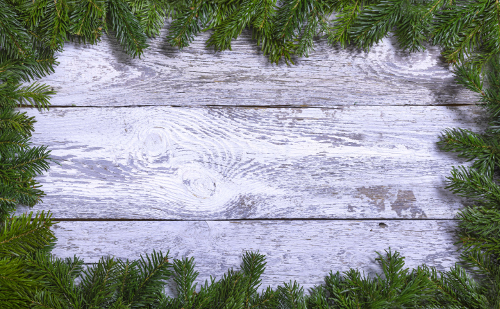 Weiße Planken und eine Grenze mit Tannenzweigen als Hintergrund herunterladen