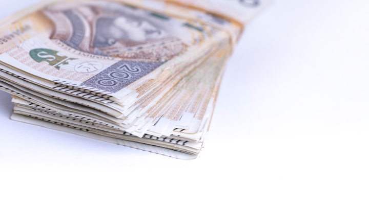 Banknoten mit einem Gummiband befestigt. Polnische Zloty.