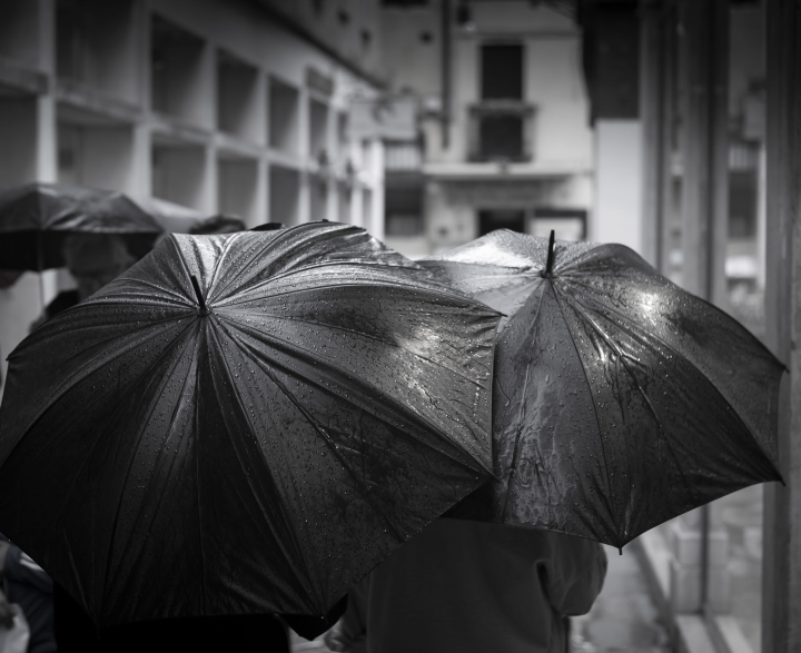 Schwarzweiss-Foto von Regenschirmen an einem regnerischen Tag